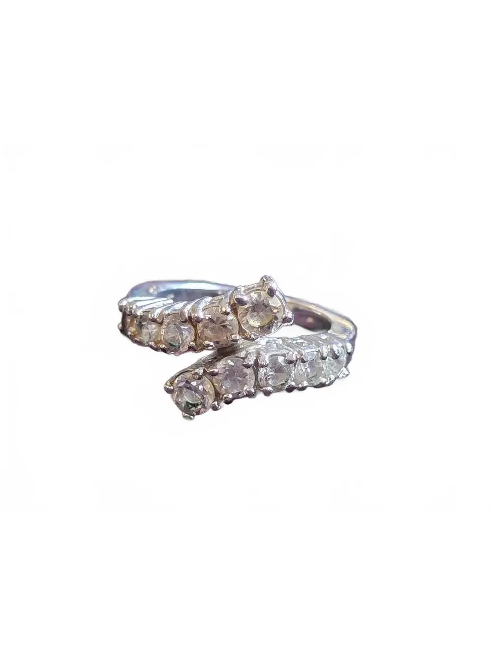 Vintage 1980's Silver Tone Bypass Ring with Clear Rhinestones Sz 6